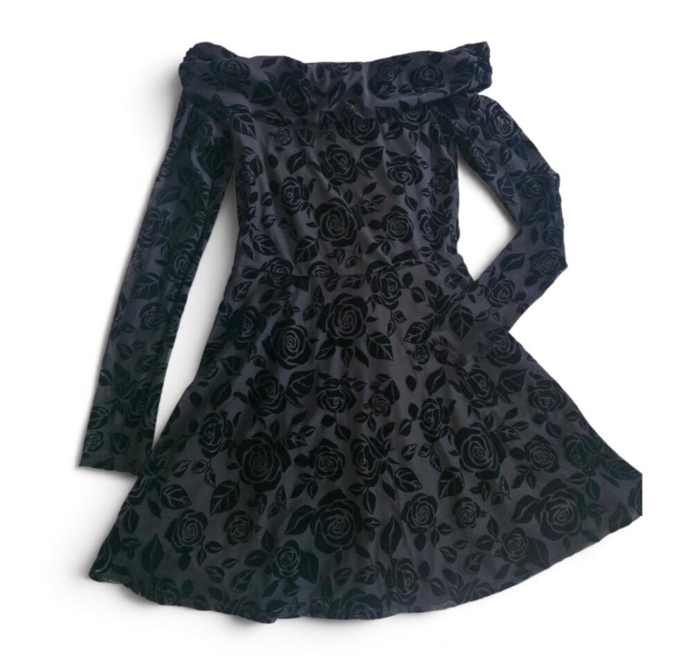 Wild Fable Black Velvet Rose Off Shoulder Mini Dress Women's Small